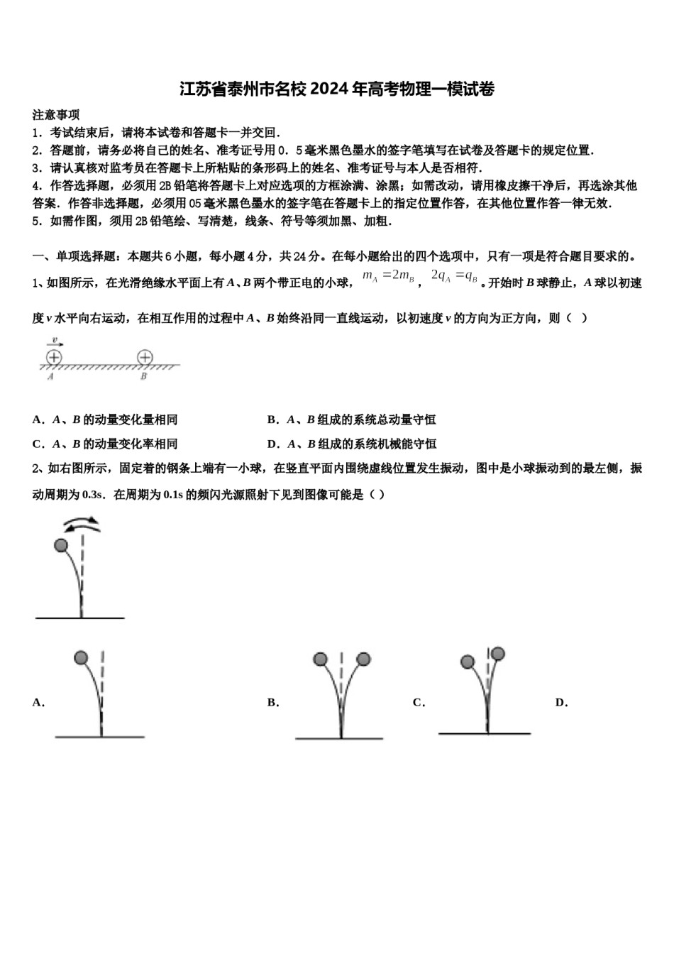 江苏省泰州市名校2024年高考物理一模试卷含解析.doc_第1页