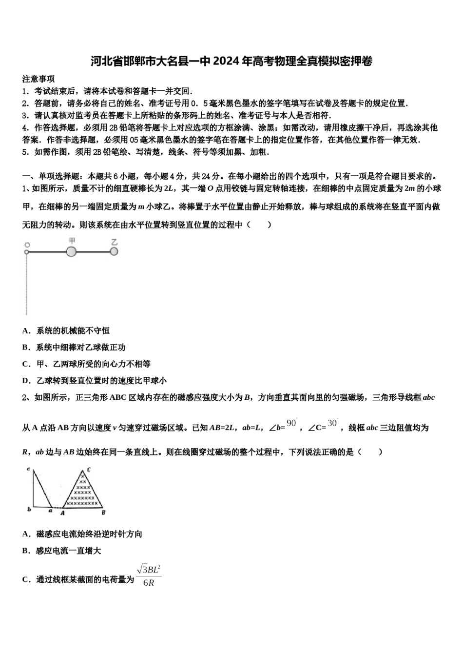 河北省邯郸市大名县一中2024年高考物理全真模拟密押卷含解析.doc_第1页