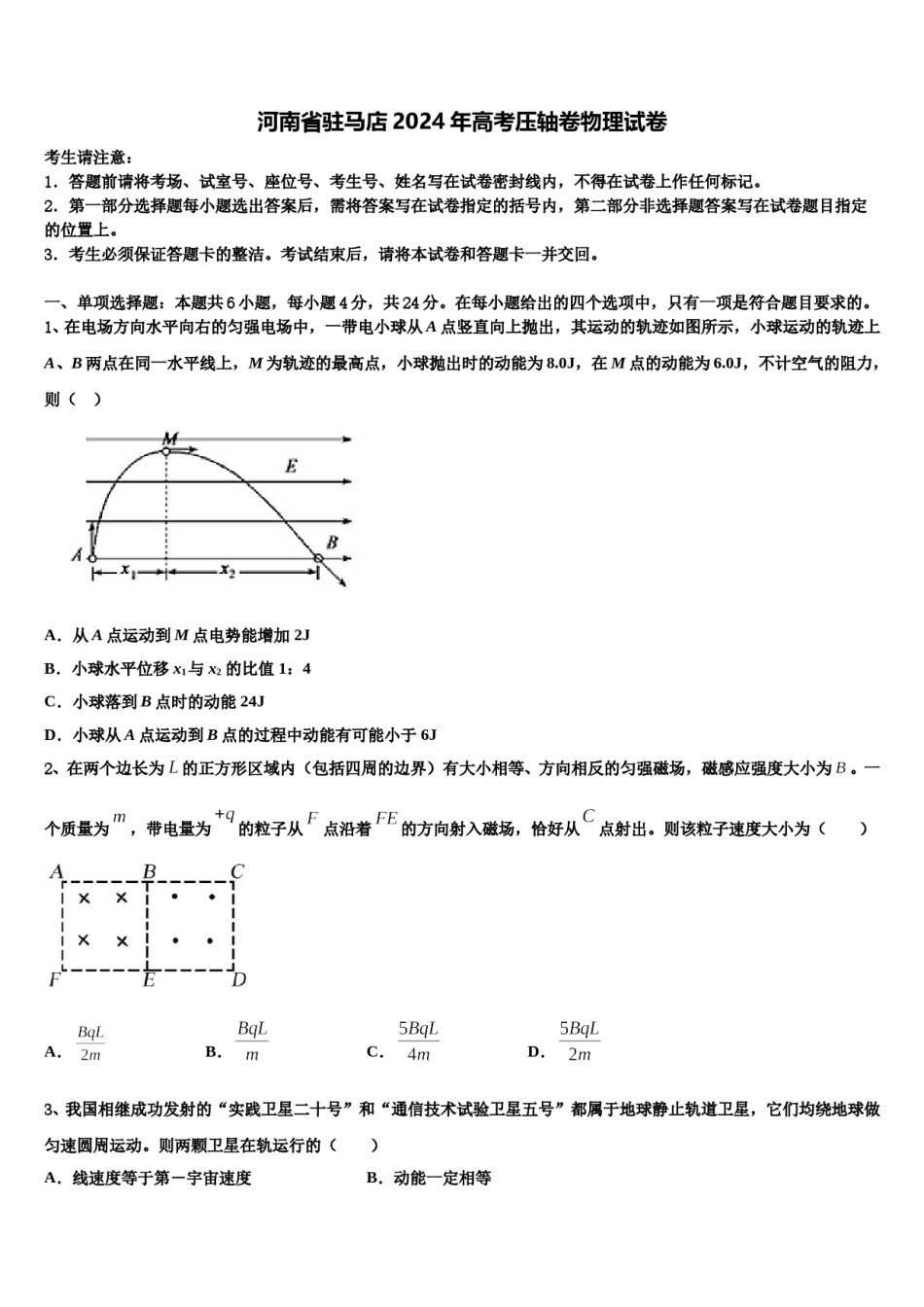 河南省驻马店2024年高考压轴卷物理试卷含解析.doc_第1页