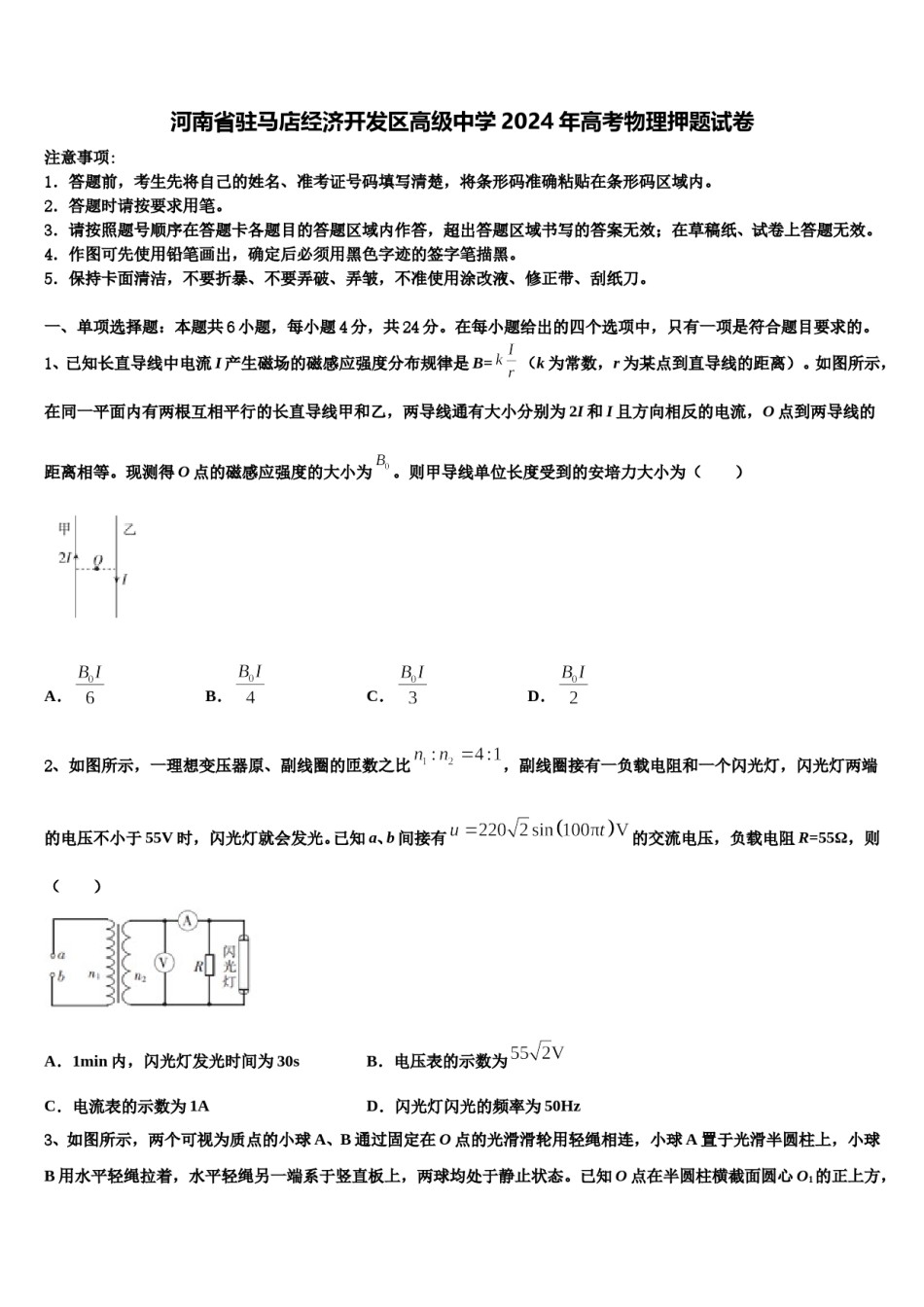 河南省驻马店经济开发区高级中学2024年高考物理押题试卷含解析.doc_第1页