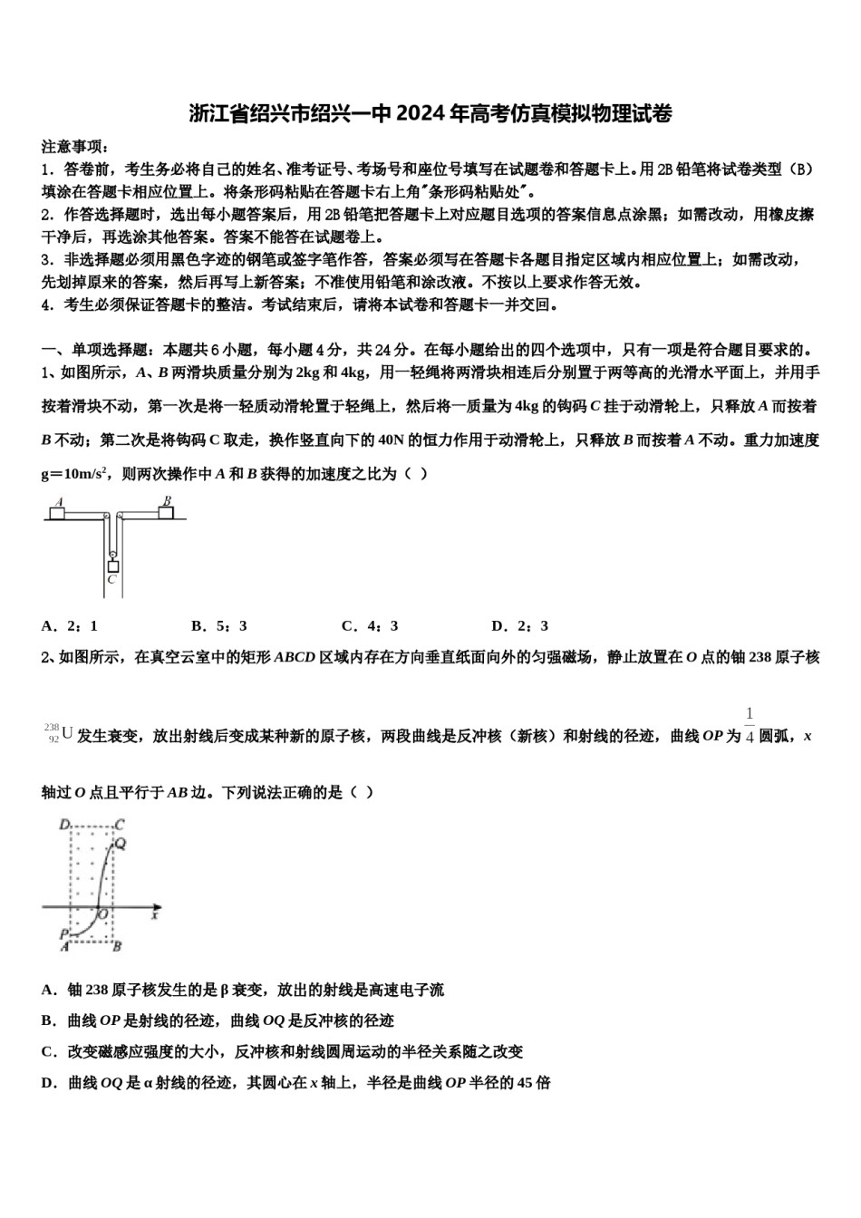 浙江省绍兴市绍兴一中2024年高考仿真模拟物理试卷含解析.doc_第1页