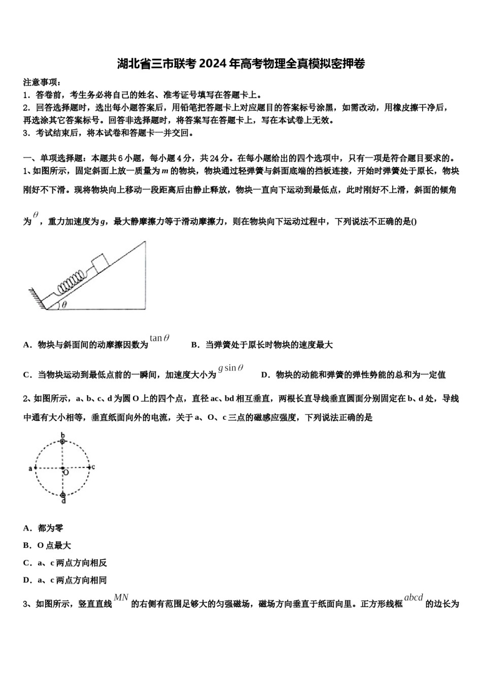 湖北省三市联考2024年高考物理全真模拟密押卷含解析.doc_第1页