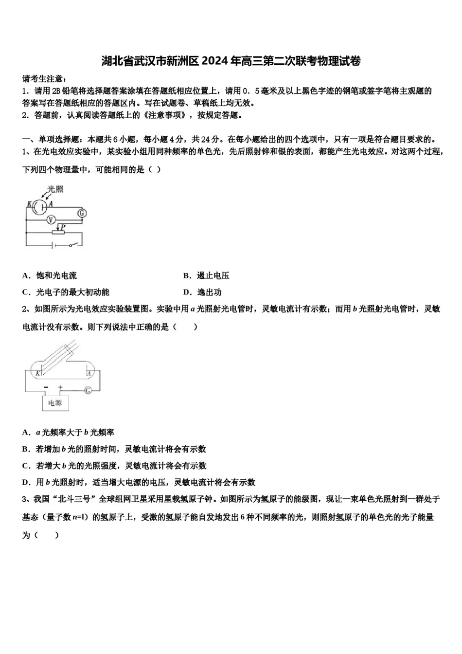 湖北省武汉市新洲区2024年高三第二次联考物理试卷含解析.doc_第1页