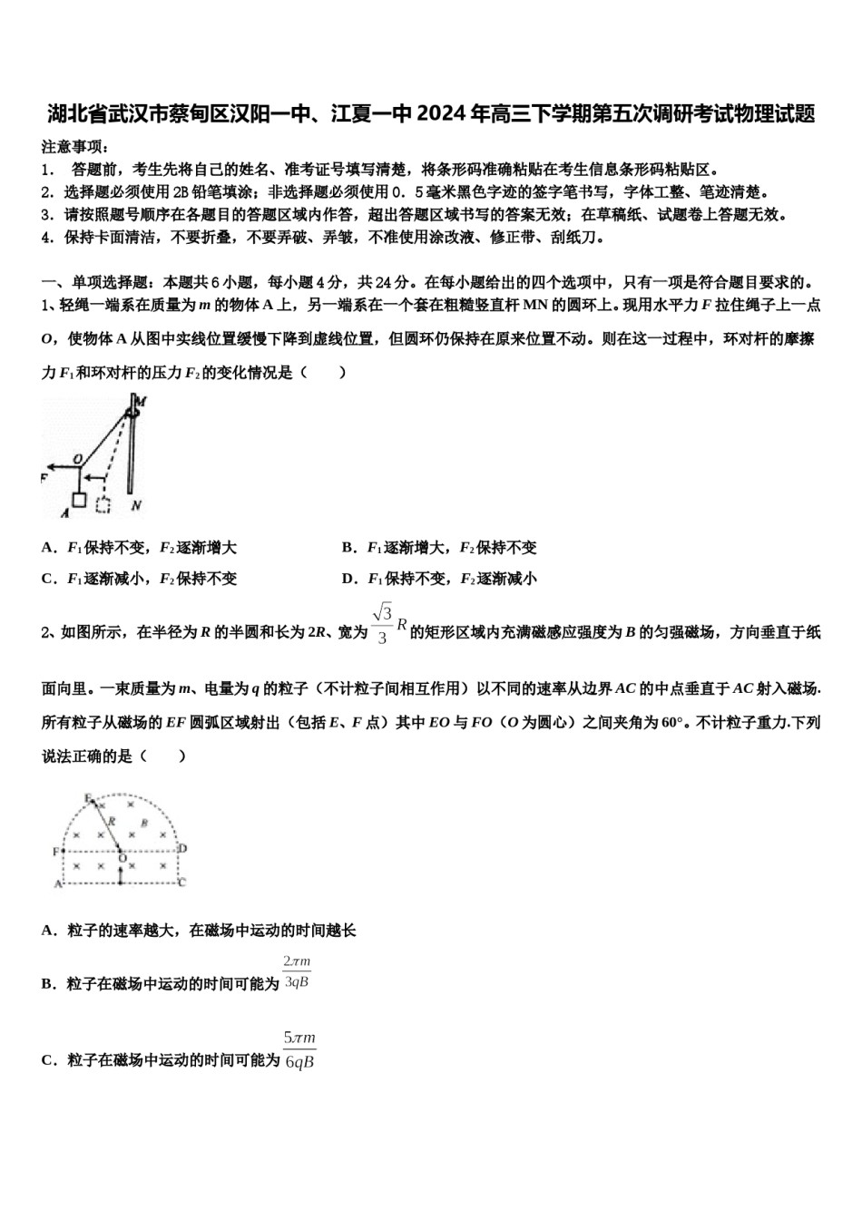 湖北省武汉市蔡甸区汉阳一中、江夏一中2024年高三下学期第五次调研考试物理试题含解析.doc_第1页