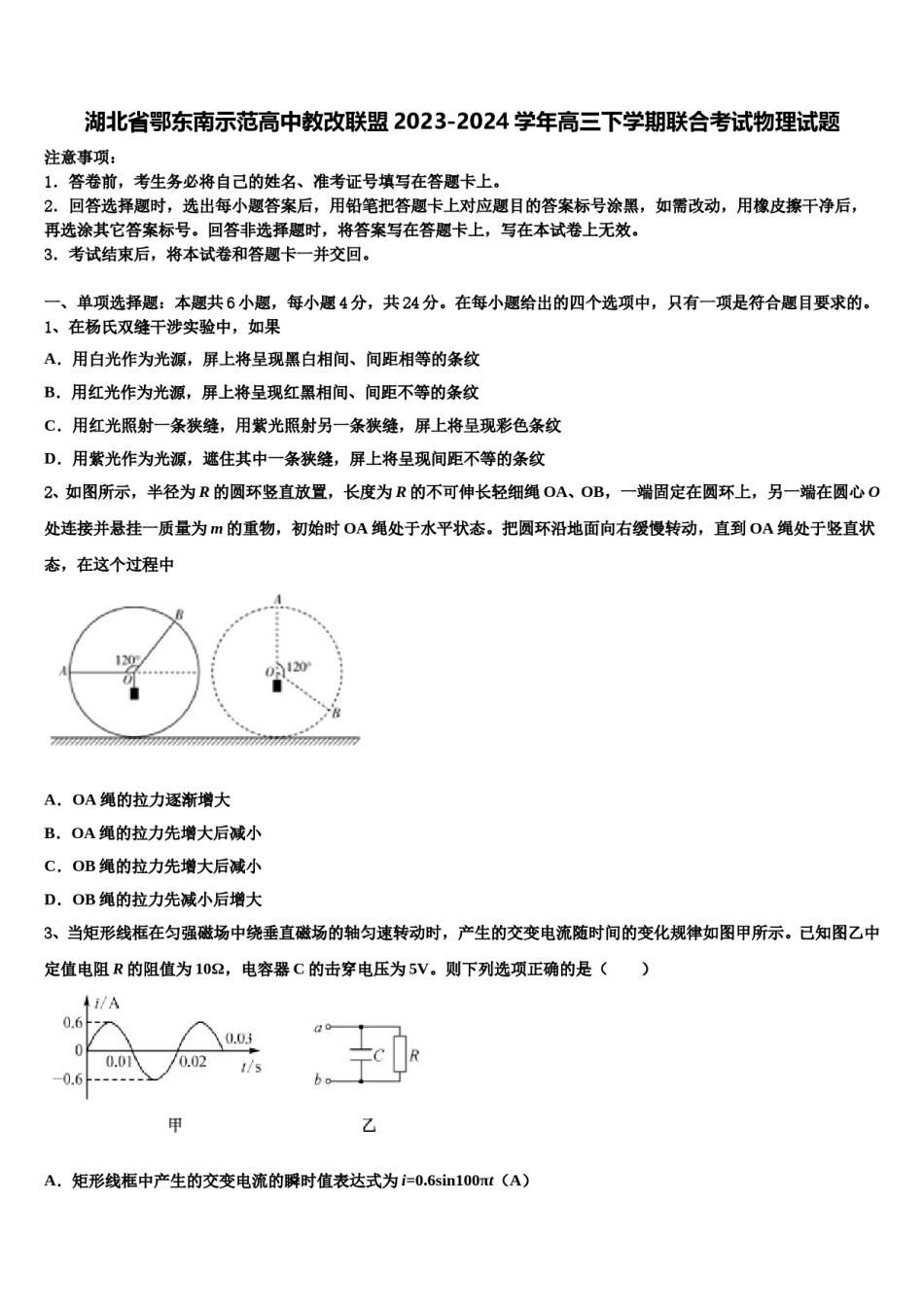 湖北省鄂东南示范高中教改联盟2023-2024学年高三下学期联合考试物理试题含解析.doc_第1页