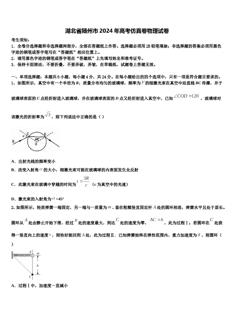 湖北省随州市2024年高考仿真卷物理试卷含解析.doc_第1页