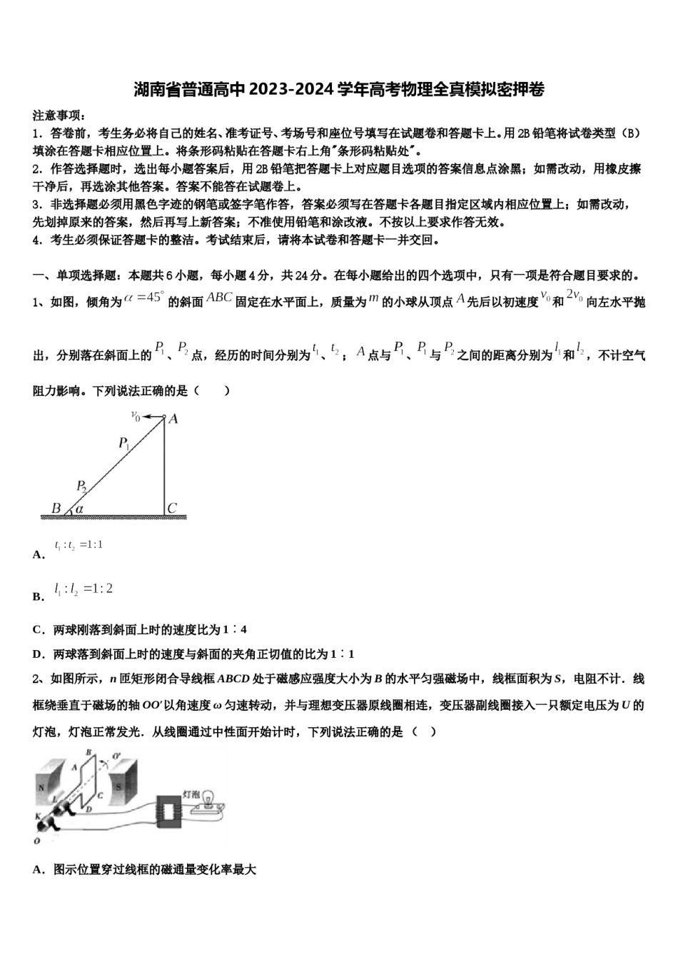 湖南省普通高中2023-2024学年高考物理全真模拟密押卷含解析.doc_第1页
