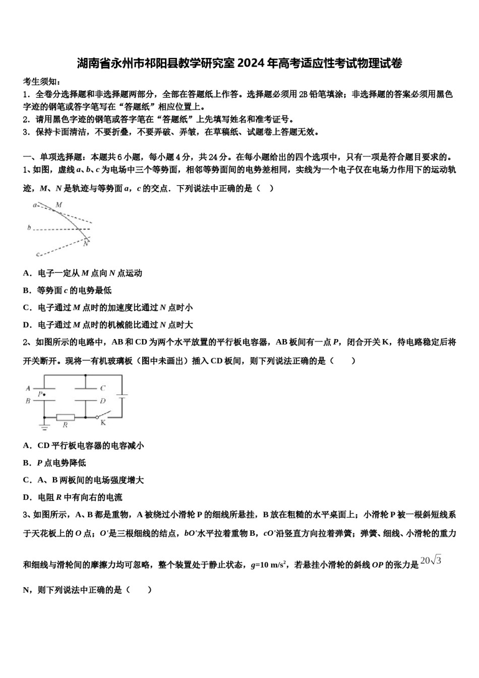 湖南省永州市祁阳县教学研究室2024年高考适应性考试物理试卷含解析.doc_第1页