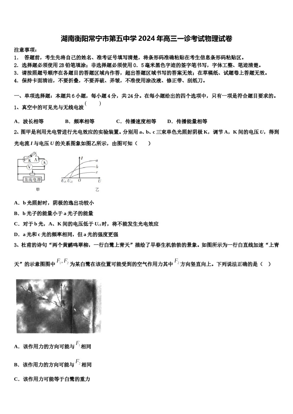 湖南衡阳常宁市第五中学2024年高三一诊考试物理试卷含解析.doc_第1页