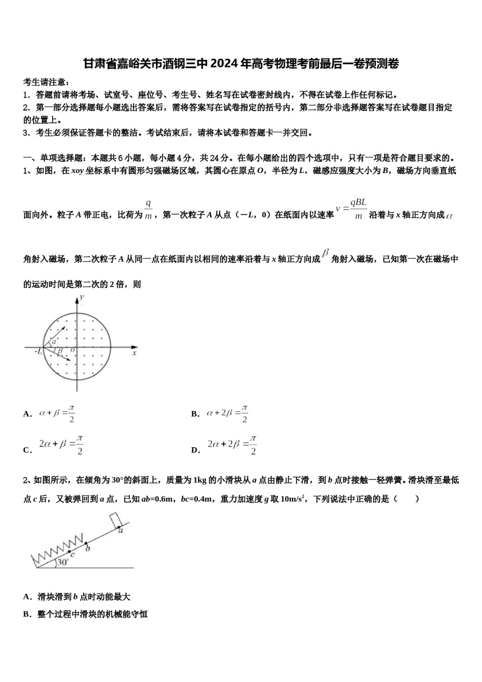 甘肃省嘉峪关市酒钢三中2024年高考物理考前最后一卷预测卷含解析.doc_第1页