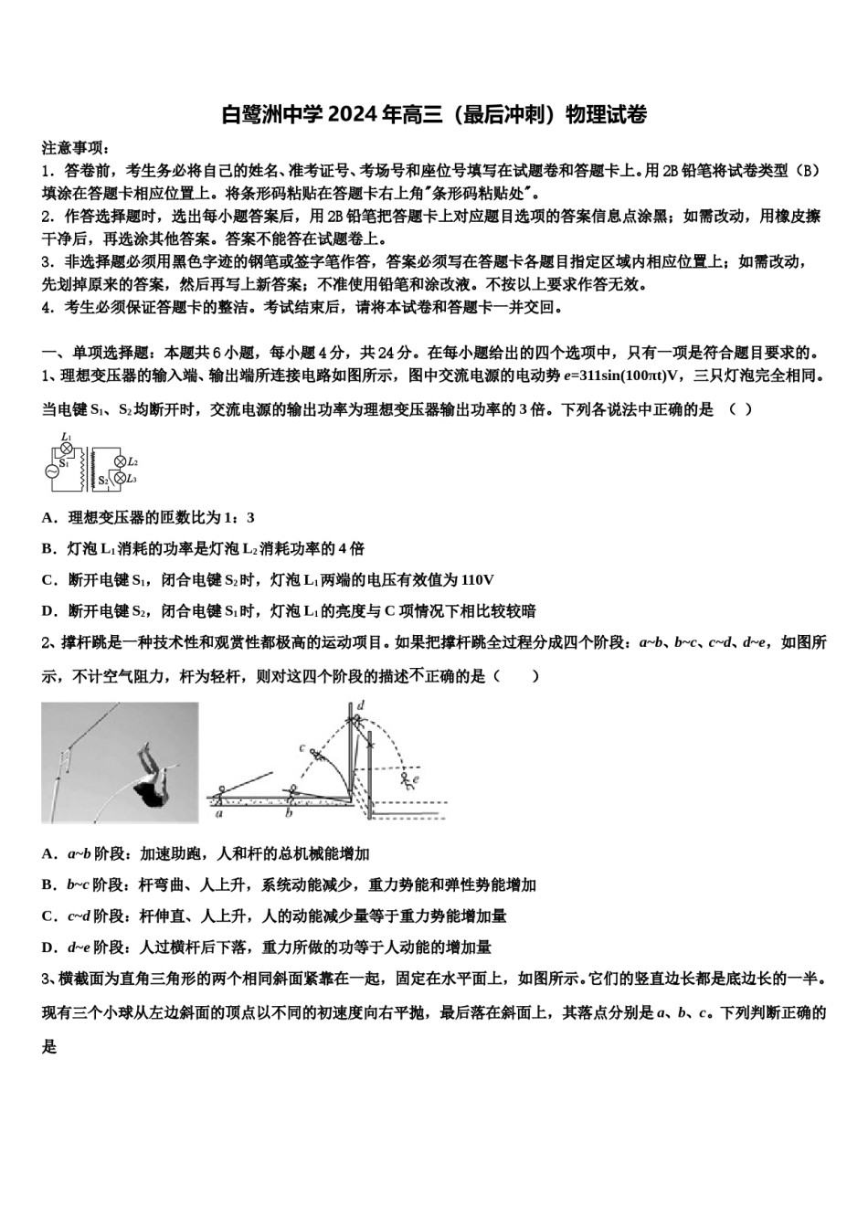 白鹭洲中学2024年高三（最后冲刺）物理试卷含解析.doc_第1页