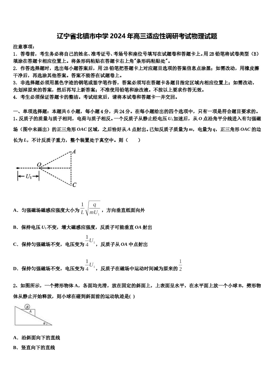 辽宁省北镇市中学2024年高三适应性调研考试物理试题含解析.doc_第1页