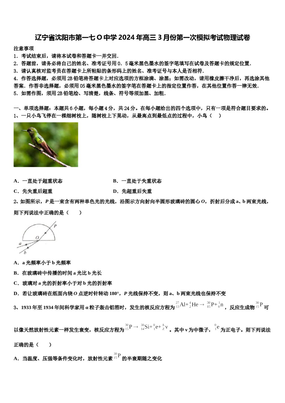 辽宁省沈阳市第一七O中学2024年高三3月份第一次模拟考试物理试卷含解析.doc_第1页