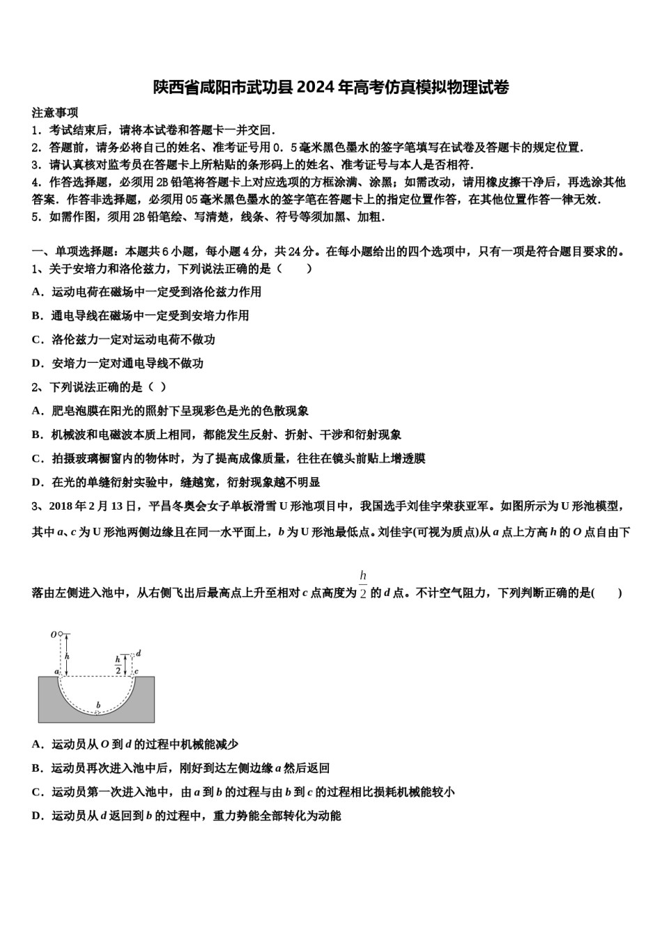 陕西省咸阳市武功县2024年高考仿真模拟物理试卷含解析.doc_第1页