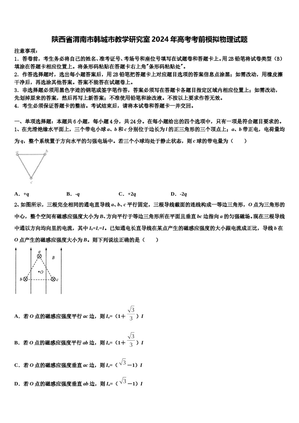 陕西省渭南市韩城市教学研究室2024年高考考前模拟物理试题含解析.doc_第1页