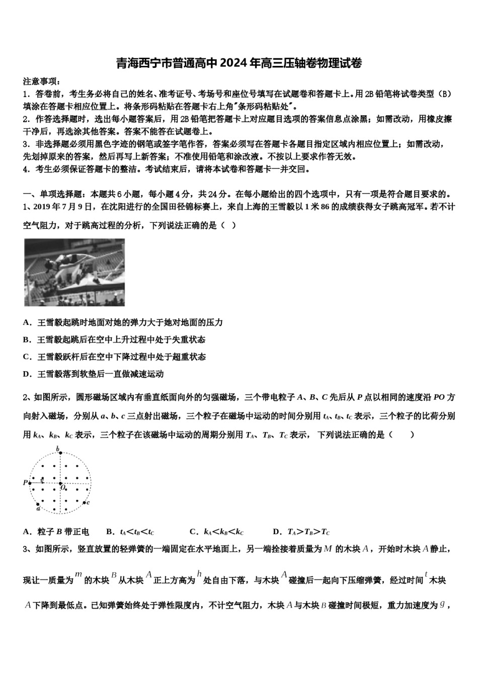 青海西宁市普通高中2024年高三压轴卷物理试卷含解析.doc_第1页