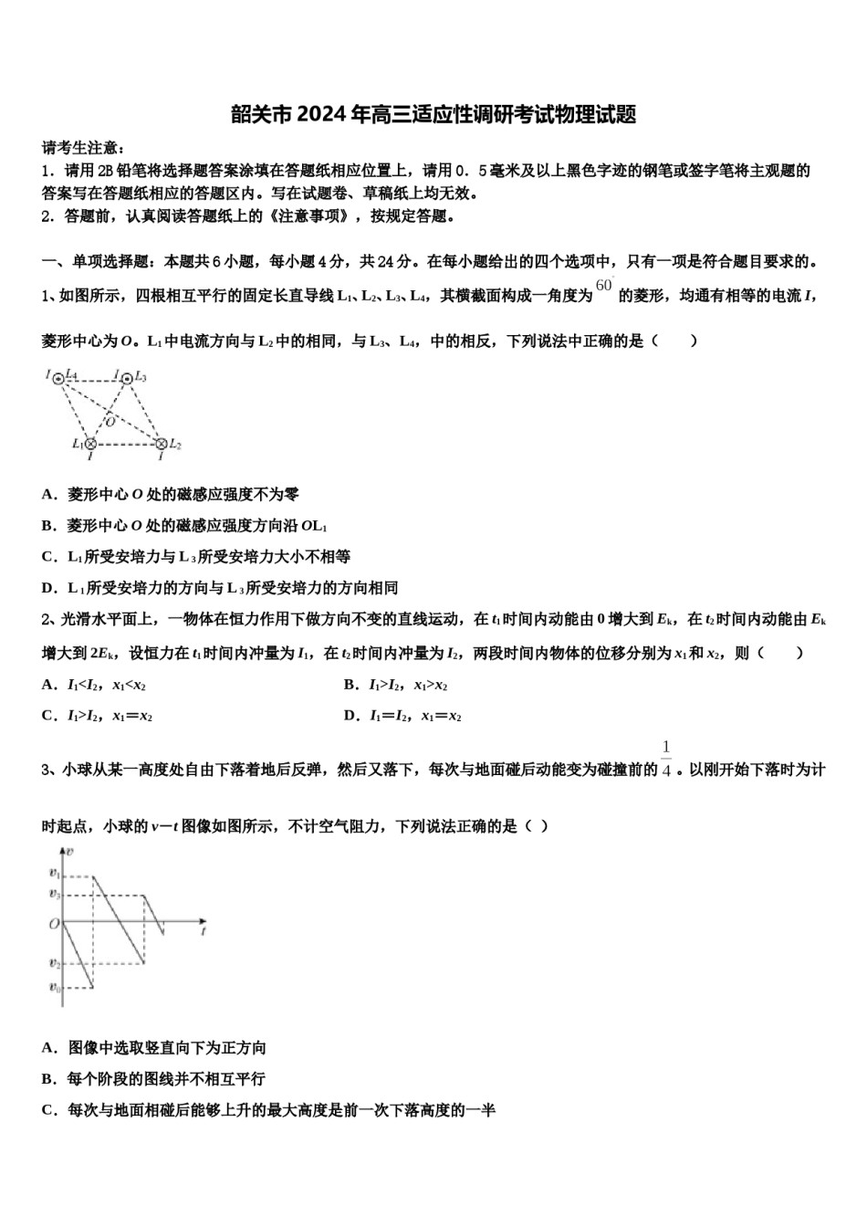 韶关市2024年高三适应性调研考试物理试题含解析.doc_第1页