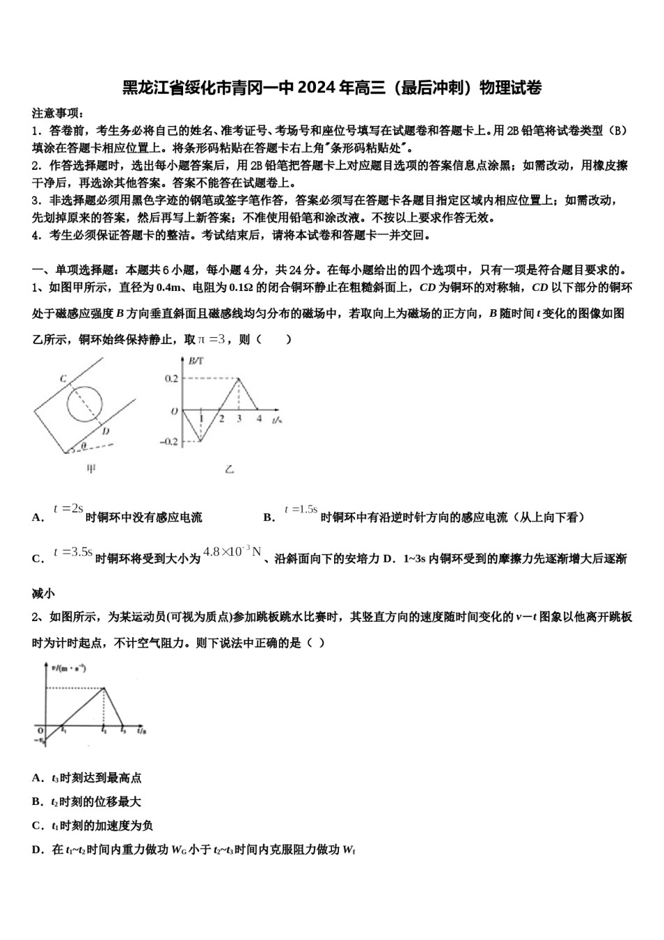 黑龙江省绥化市青冈一中2024年高三（最后冲刺）物理试卷含解析.doc_第1页