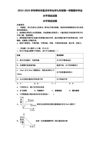 2023-2024学年柳州市重点中学化学九年级第一学期期中学业水平测试试题含解析.doc