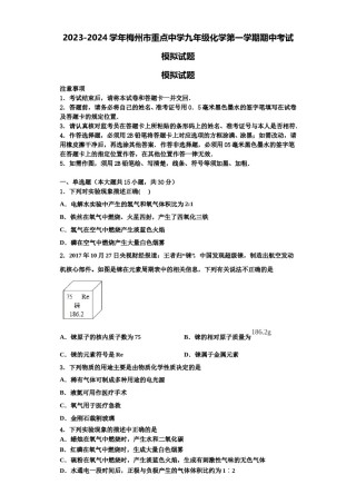 2023-2024学年梅州市重点中学九年级化学第一学期期中考试模拟试题含解析.doc