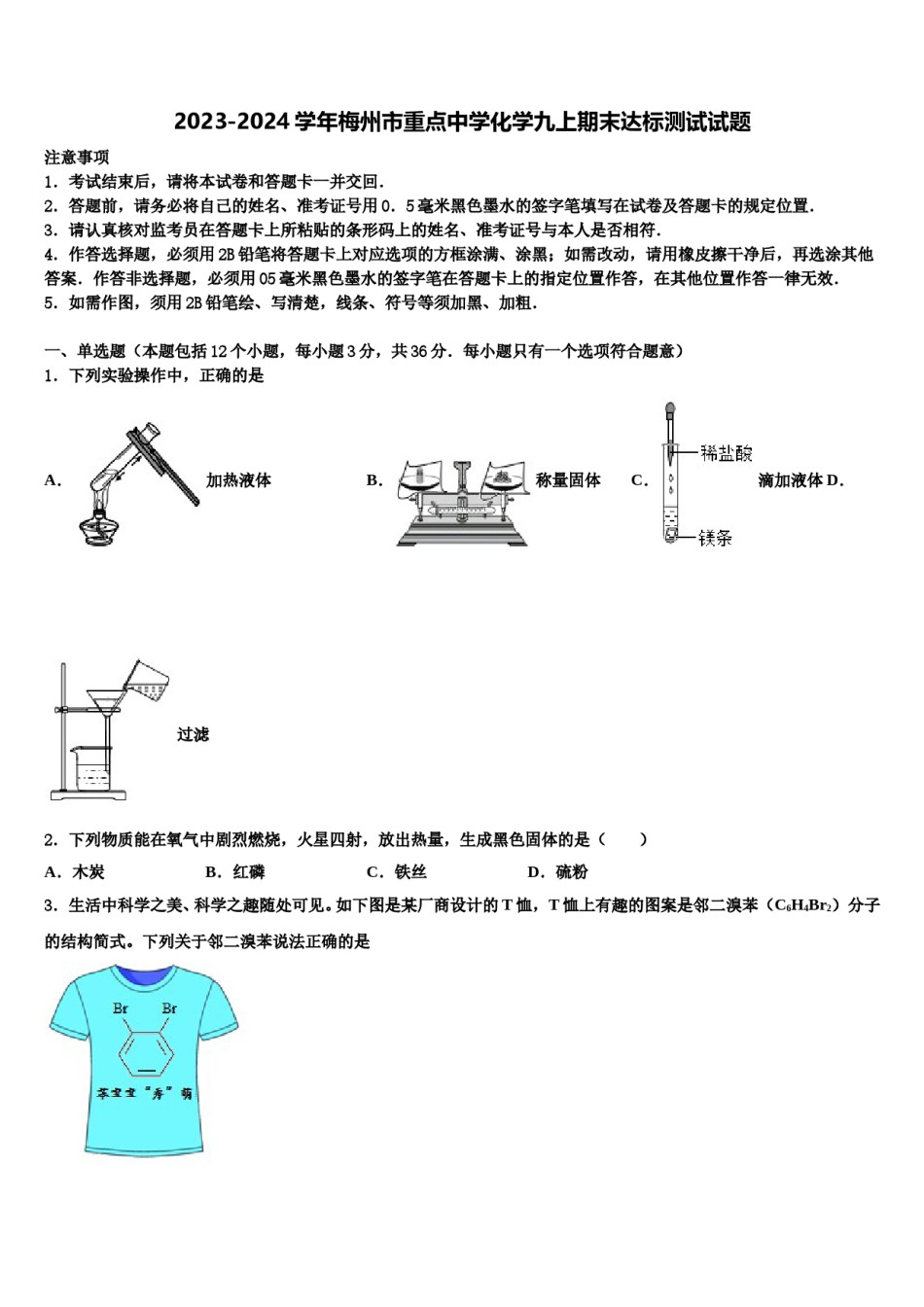 2023-2024学年梅州市重点中学化学九上期末达标测试试题含解析.doc_第1页