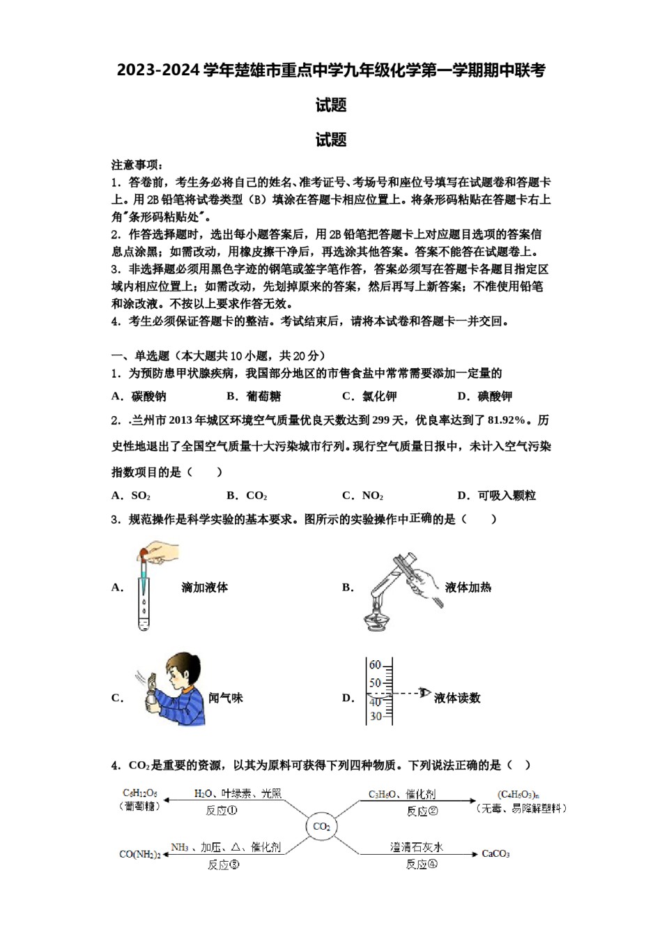 2023-2024学年楚雄市重点中学九年级化学第一学期期中联考试题含解析.doc_第1页