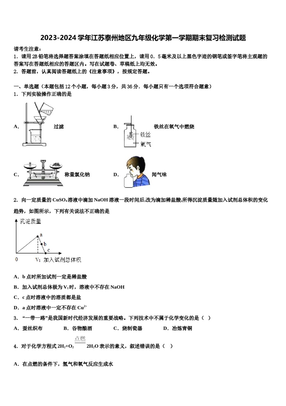 2023-2024学年江苏泰州地区九年级化学第一学期期末复习检测试题含解析.doc_第1页