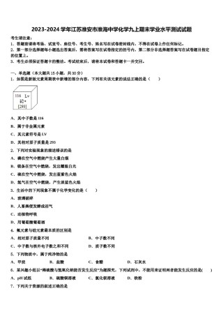 2023-2024学年江苏淮安市淮海中学化学九上期末学业水平测试试题含解析.doc