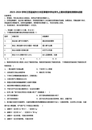 2023-2024学年江苏盐城市大丰区草堰中学化学九上期末质量检测模拟试题含解析.doc