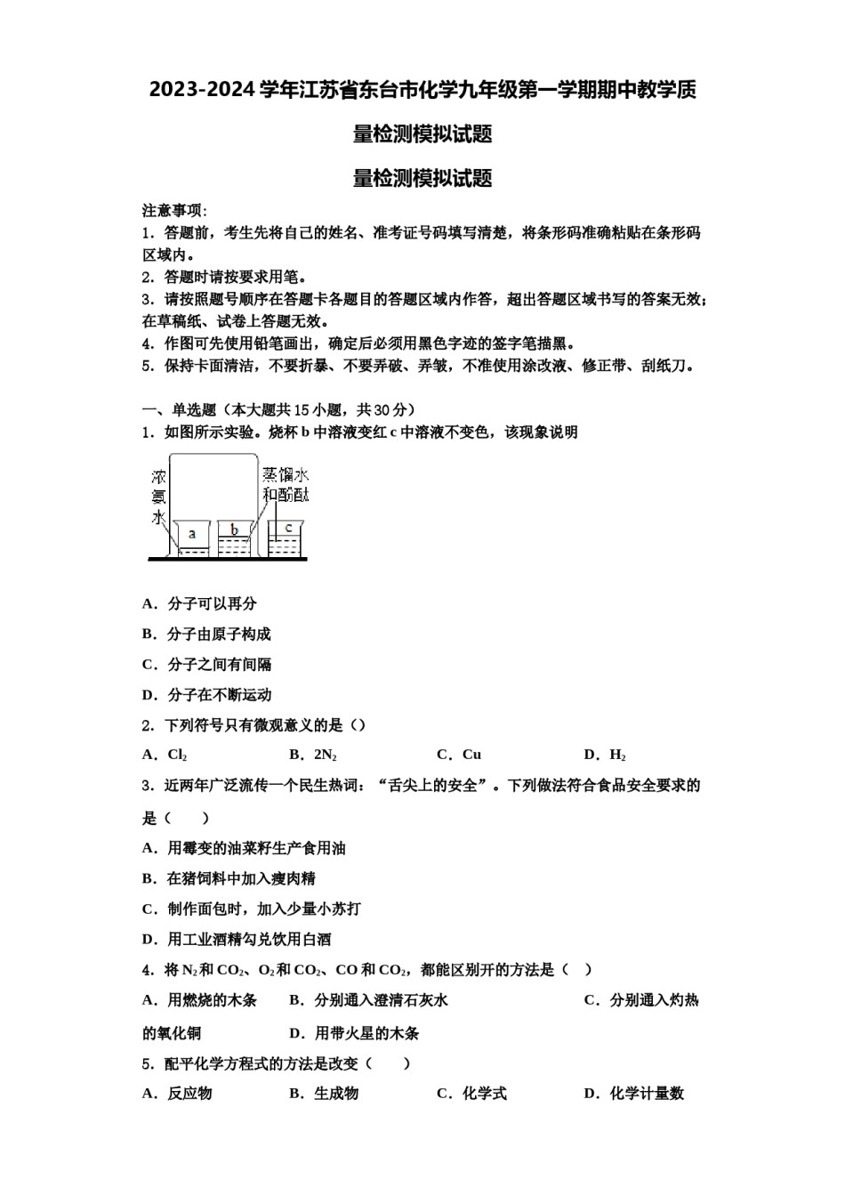 2023-2024学年江苏省东台市化学九年级第一学期期中教学质量检测模拟试题含解析.doc_第1页