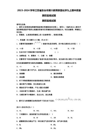 2023-2024学年江苏省东台市第六教育联盟化学九上期中质量跟踪监视试题含解析.doc