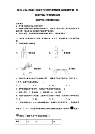 2023-2024学年江苏省东台市第四教育联盟化学九年级第一学期期中复习检测模拟试题含解析.doc