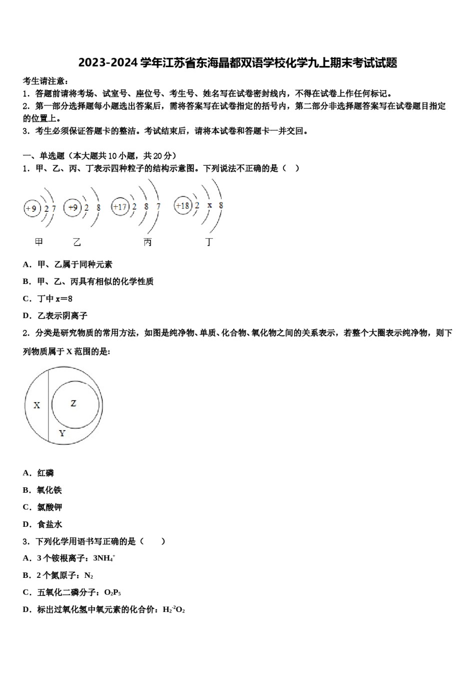 2023-2024学年江苏省东海晶都双语学校化学九上期末考试试题含解析.doc_第1页