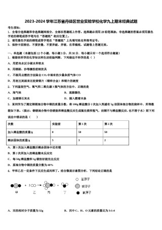 2023-2024学年江苏省丹徒区世业实验学校化学九上期末经典试题含解析.doc