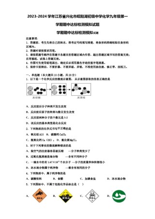 2023-2024学年江苏省兴化市昭阳湖初级中学化学九年级第一学期期中达标检测模拟试题含解析.doc