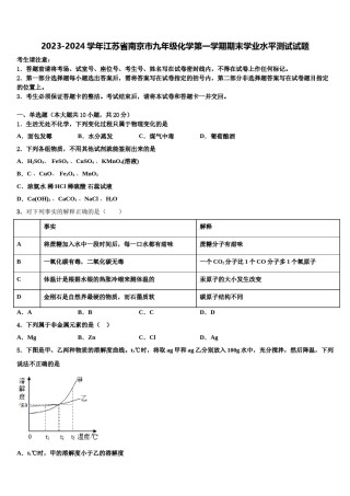 2023-2024学年江苏省南京市九年级化学第一学期期末学业水平测试试题含解析.doc