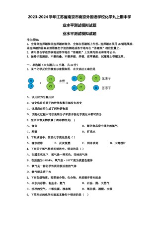 2023-2024学年江苏省南京市南京外国语学校化学九上期中学业水平测试模拟试题含解析.doc