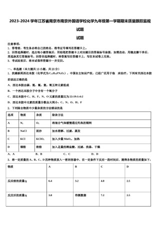 2023-2024学年江苏省南京市南京外国语学校化学九年级第一学期期末质量跟踪监视试题含解析.doc