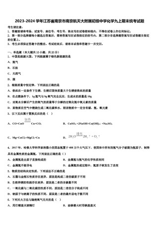 2023-2024学年江苏省南京市南京航天大附属初级中学化学九上期末统考试题含解析.doc