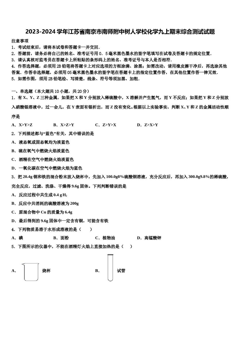2023-2024学年江苏省南京市南师附中树人学校化学九上期末综合测试试题含解析.doc_第1页