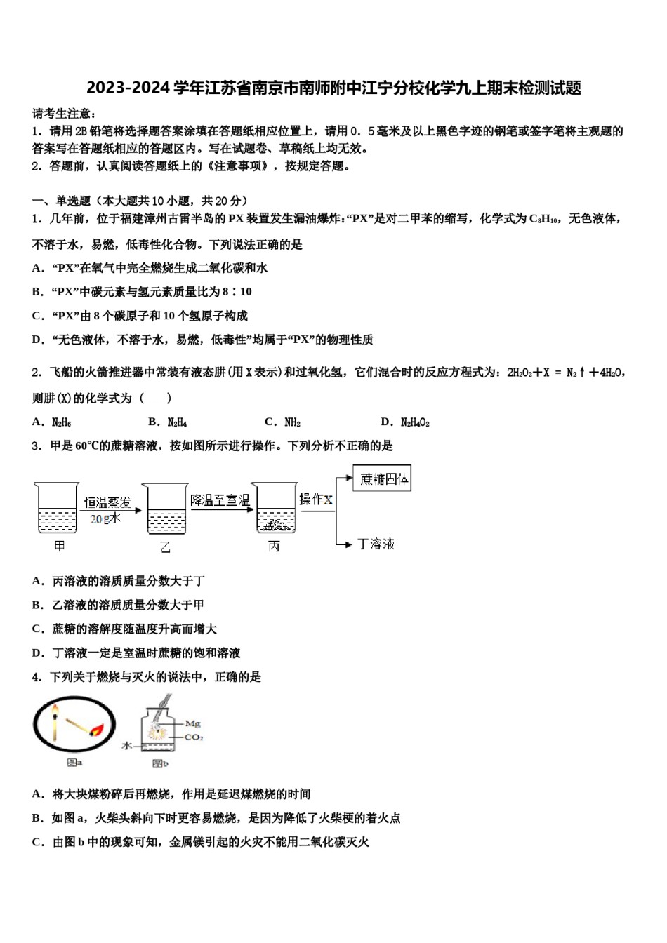 2023-2024学年江苏省南京市南师附中江宁分校化学九上期末检测试题含解析.doc_第1页
