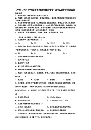 2023-2024学年江苏省南京市钟英中学化学九上期中调研试题含解析.doc