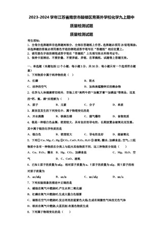 2023-2024学年江苏省南京市鼓楼区育英外学校化学九上期中质量检测试题含解析.doc