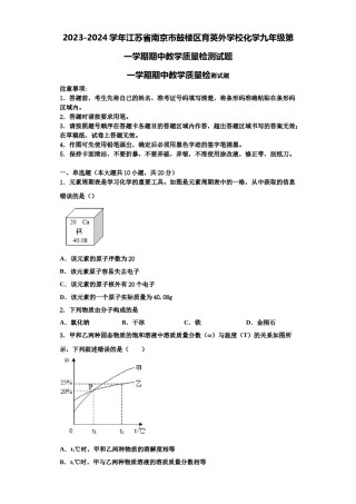 2023-2024学年江苏省南京市鼓楼区育英外学校化学九年级第一学期期中教学质量检测试题含解析.doc