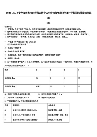 2023-2024学年江苏省南京师范大附中江宁分校九年级化学第一学期期末质量检测试题含解析.doc
