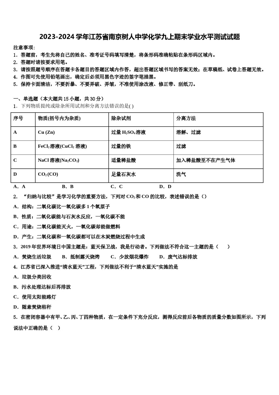 2023-2024学年江苏省南京树人中学化学九上期末学业水平测试试题含解析.doc_第1页