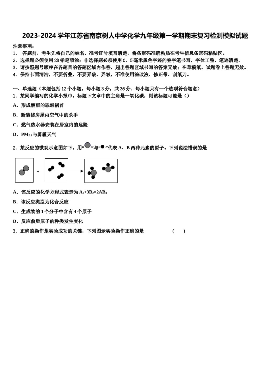 2023-2024学年江苏省南京树人中学化学九年级第一学期期末复习检测模拟试题含解析.doc_第1页