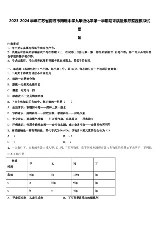 2023-2024学年江苏省南通市南通中学九年级化学第一学期期末质量跟踪监视模拟试题含解析.doc