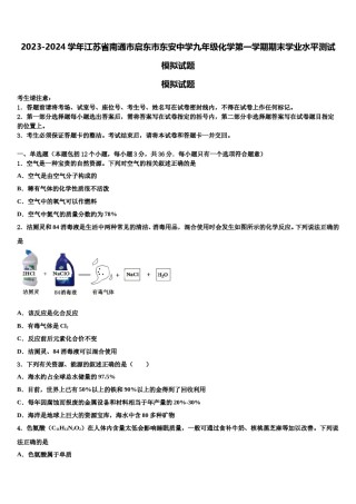 2023-2024学年江苏省南通市启东市东安中学九年级化学第一学期期末学业水平测试模拟试题含解析.doc