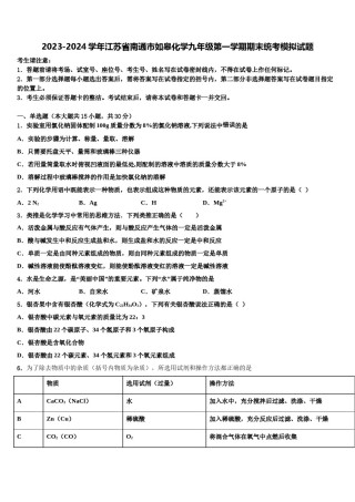 2023-2024学年江苏省南通市如皋化学九年级第一学期期末统考模拟试题含解析.doc